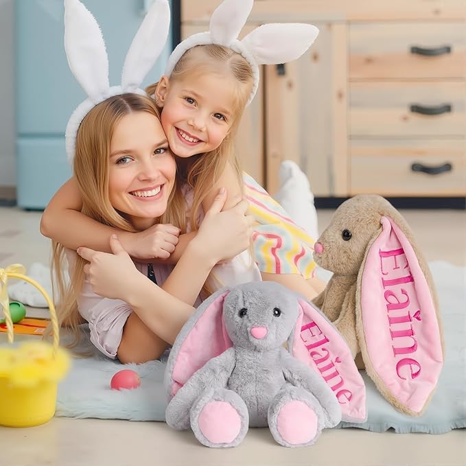 Custom Plush Bunny Toys with Child's Name, Embroidered Bunny Stuffed Animals for Baby Toddlers, Personalized Birthday Gift for Baby Girls Boys (Grey)