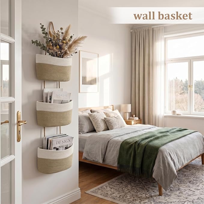 TeoKJ Over the Door Hanging Basket, 3-Tier Woven Cotton Wall-Mounted Storage Organizer Bag Decorative Hanging Nursery Baskets, White & Jute