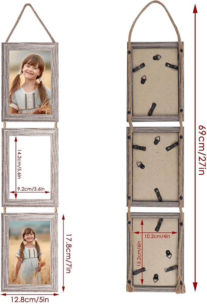 QUTREY 4x6 Collage Picture Frames, 6 Openings Vertical Hanging Photo Frame Set of 2, 4 by 6 inch Multi Picture Frames for Wall Decor, Rustic Grain