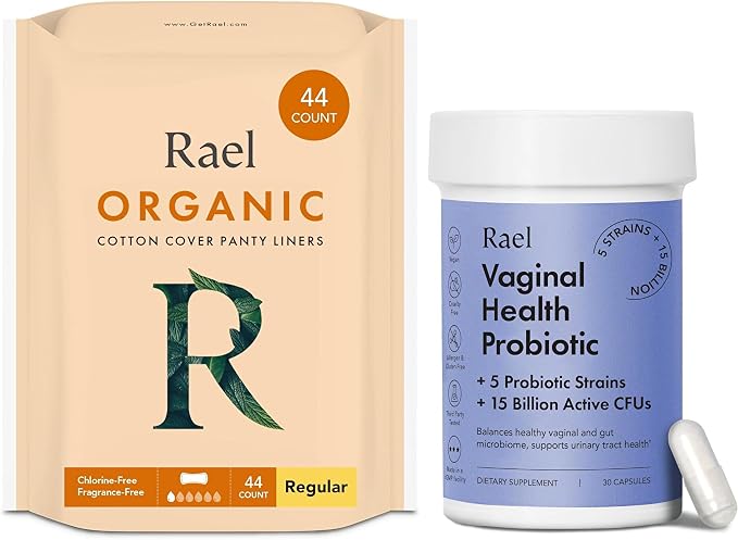 Rael Bundle - Organic Cotton Cover Panty Liners (Regular, 44 Count) & Probiotics Supplements for Women, Digestive Enzymes, Urinary Tract Health (30 Day Supply)