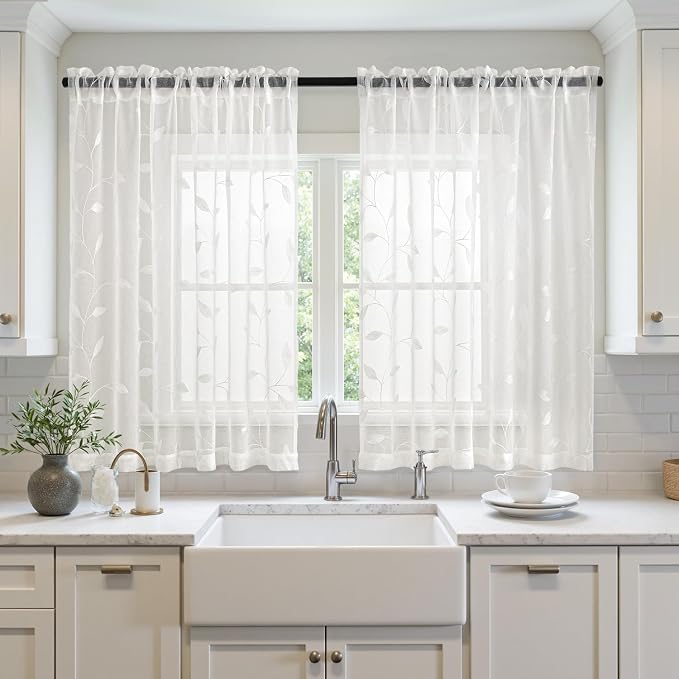 MIULEE Ivory Sheer Curtains 2 Panels Embroidered Leaf Patterned Rod Pocket Floral Semi Sheer Faux Linen Short Window Curtains Drapes Set for Kitchen Living Room Bedroom, 52x45 Inches Length