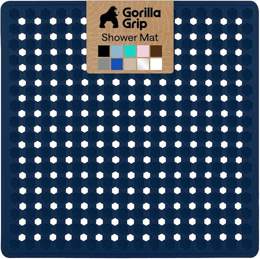 GORILLA GRIP Patented Square Shower Stall Mat, Small Bathtub Floor Mats for Stand Up Showers, Suction Cups and Drainage Holes, Machine Wash, Soft on Feet, Bathroom Accessories 21x21 Inch, Navy Opaque