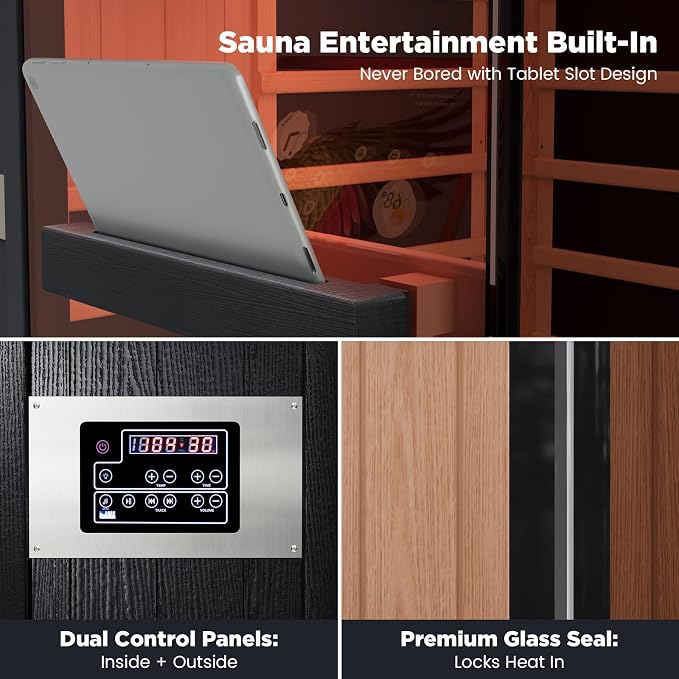 2-Person Full Spectrum Infrared Sauna, 1990W - 120V, 12 * 12" Red Light Therapy & 2 Built-in Speakers, Hemlock Wood Indoor Dry Traditional Sauna with Dual LED Controls for Home & Gym