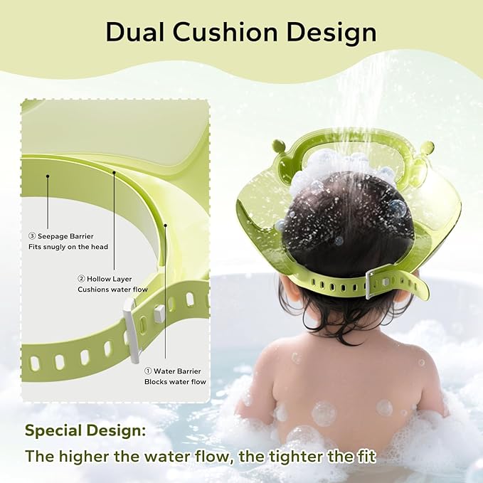 FUNUPUP Baby Shower Cap Toddler Hair Washing Shield Adjustable Bath Visor for Kids Shampoo Hat with Eyes Ears Cover 1-15 Years Boys Girls Essentials for Bath Time, Green