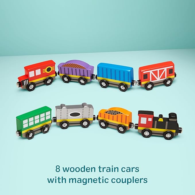 Melissa & Doug Wooden Train Cars, 8-Piece Magnetic Train Set with Toy Storage Tray, Steam Engine, Caboose, Coal & Passenger Cars, Montessori-Inspired Pretend Play Toys for Kids Ages 3+