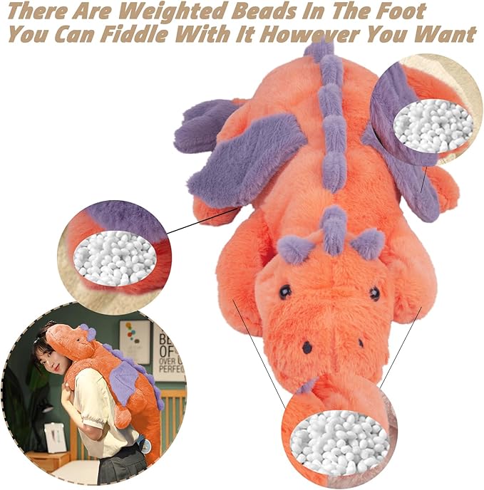 ARELUX Large 37in Cute Dragon Stuffed Animals Plush Toy Soft Orange Pterosaur Plushie Giant Fuzzy Dinosaur Pillow Plushies with Blue Wings Cuddly for Friends Family Member