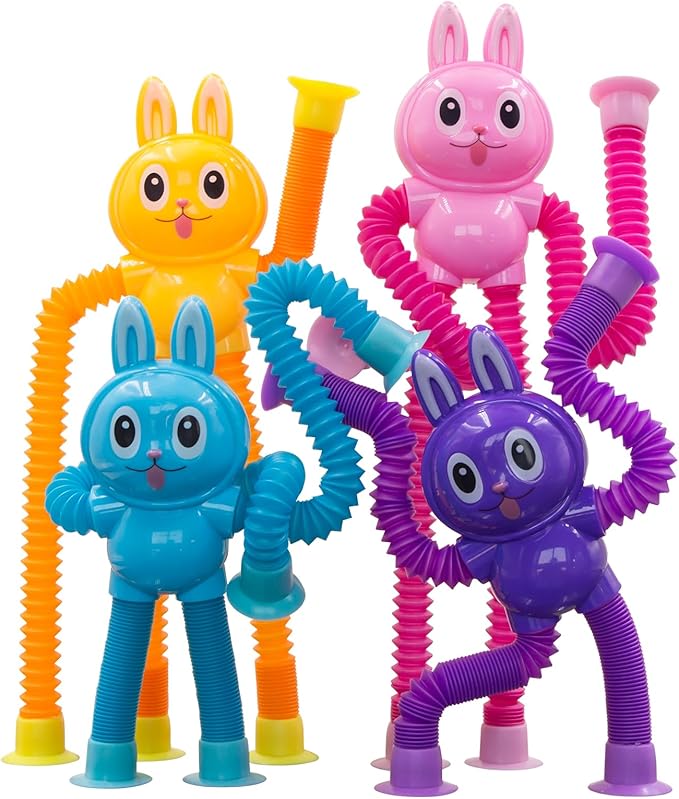Pop Tubes Bunny Fidget Toys for Kids, 4Pack Fidget Pop Toys Telescopic Suction Cup Toy for Stress and Anxiety Relief, Stocking Stuffers Gift for Kids and Toddlers (4Pack Rabbit)