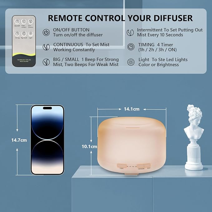 Oil Diffuser, 500ml Essential Oil Diffusers, Aromatherapy Diffuser with 2 Mist Mode 4 Timers＆7 Ambient Light Waterless Auto Off, Diffusers Large Room Home Office