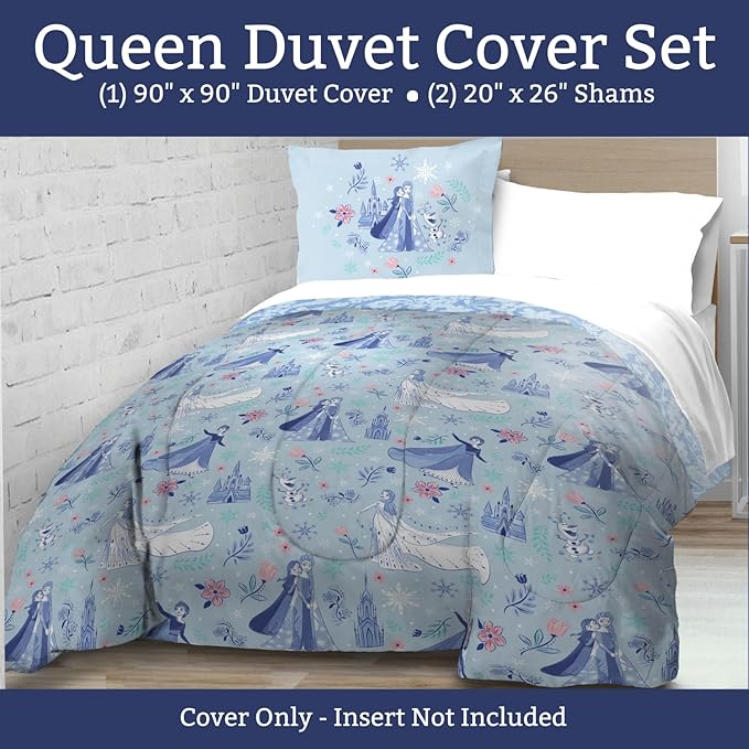 Jay Franco Kids Duvet Cover Set with Sham & Pillowcase – Ultra-Soft Bedding for Room Decor, Cover ONLY Comforter NOT Included, Blue - Frozen, 3 Piece Queen