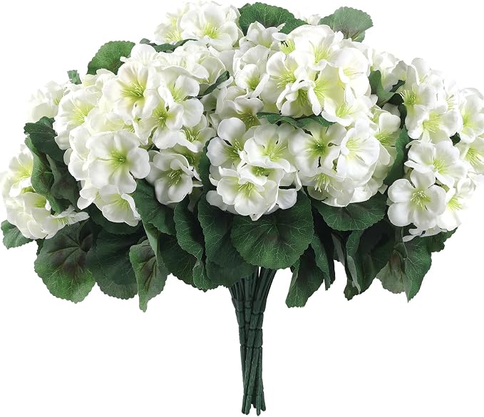 Hananona 12 Pcs Artificial Geranium Flowers for Outdoors Geranium White Silk Flowers Outdoor UV Resistant Garden Plants Faux Flowers for Home Kitchen Table Centerpieces Decor (12, White)