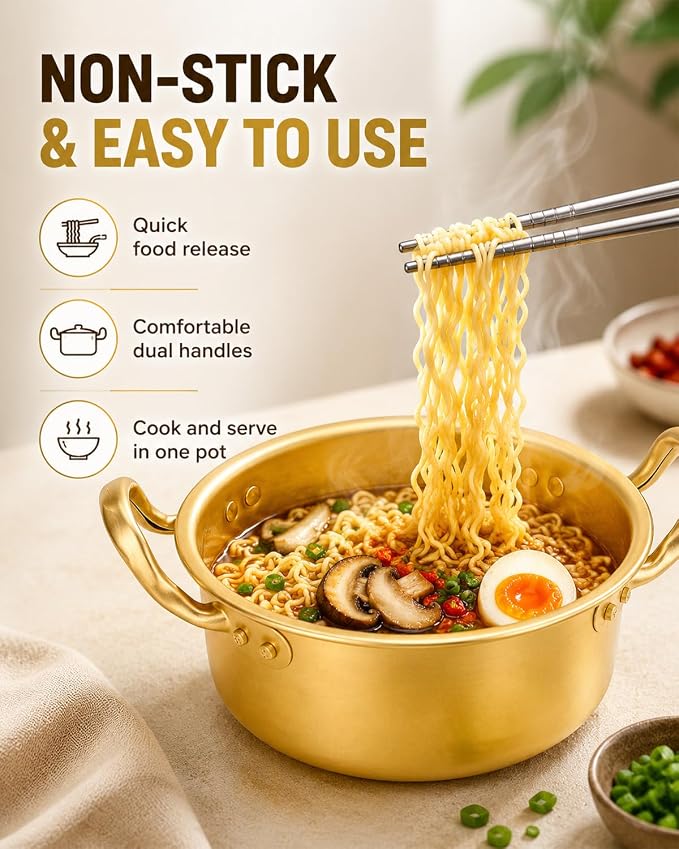 Korean Ramen Pot, Noodle Pot With Lid Spoon And Chopsticks (1pair), Korean Cookware Ramen Pots For Kitchen Cookware, 6.3 Inch (6.3"D x 6.3"W x 3"H)
