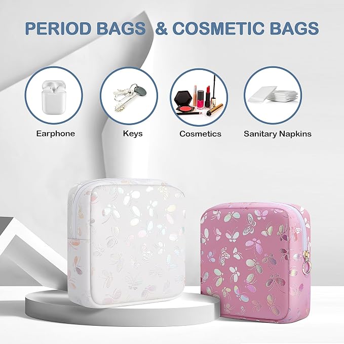 Likesing Period Bag Pouch, Leather Sanitary Napkin Storage Bag for Girls Womens, Portable Sanitary Napkin Period Pad Pouch Bag for Purse, Small Make Up Bags(White Butterflies)