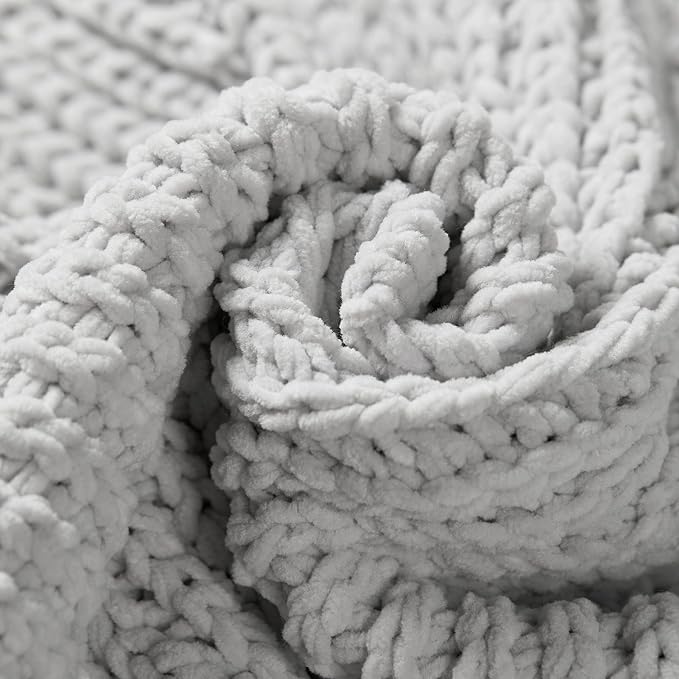 Knit Throw Blanket, Soft Chenille Cozy Breathable Chevron Chunky Decorative Blanket for Couch, Bed & Sofa, French-Inspired Lightweight Warm Gift for Women, Light Gray, 60"x80"