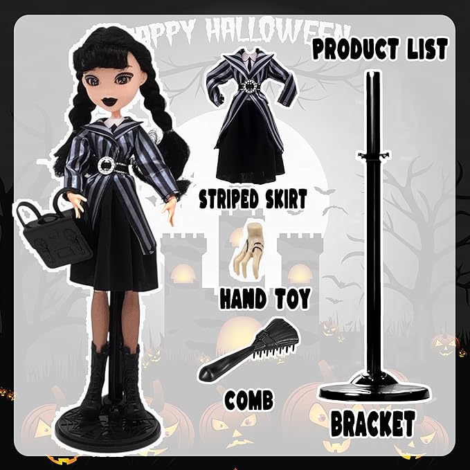 Dumwick 9'' Adams Doll with Gift Box, High Heels, Black Dress, and Hair, Perfect Christmas and Birthdays Toy Gift for Girls & Fans (Braces + Stripes)