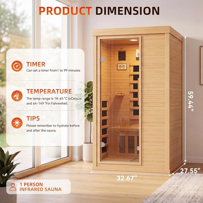 Wood Infrared Home Sauna Room, 1 Person Traditional Indoor Saunas, Canadian Hemlock Dry Sauna Spa for Low EMF with Tempered Glass Door, Bluetooth Speakers and Control Panel, 32.6 x 27.5 x 59.5 Inch