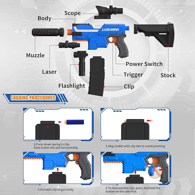 Automatic Toy Foam Blaster with Scope, Electric Toy Dart Blaster with 120 Foam Darts for Nerf, IR, Flashlight, Goggles, Air Pocket Technology Outdoor Shooting Game Kids Toys for 8-12-Blue