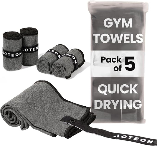 Acteon Microfiber Quick Dry Gym Towel 5 Pack, Silver ION Odor-Free Absorbent Fiber, Fast Drying, Men & Women Workout Gear for Body Sweat, Working Out, Towels Charcoal Grey