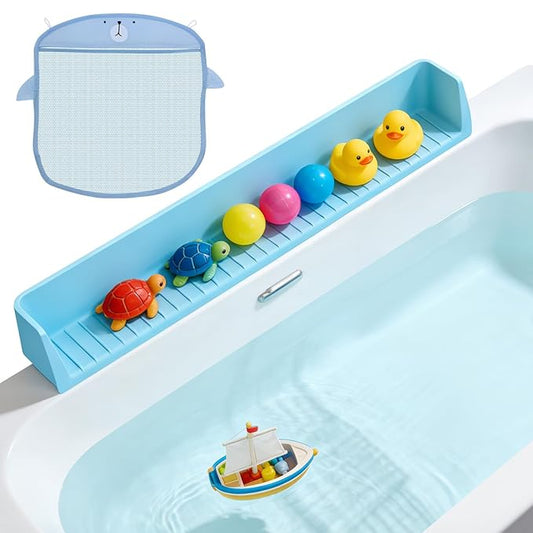 Extended Super Long Kids Bathtub Splash Guard - 32 Inch Food-Grade Silicone, 11 Strong Suction Cups, Toy Tray Caddy & Bath Toy Storage, No Spill Barrier (Blue)