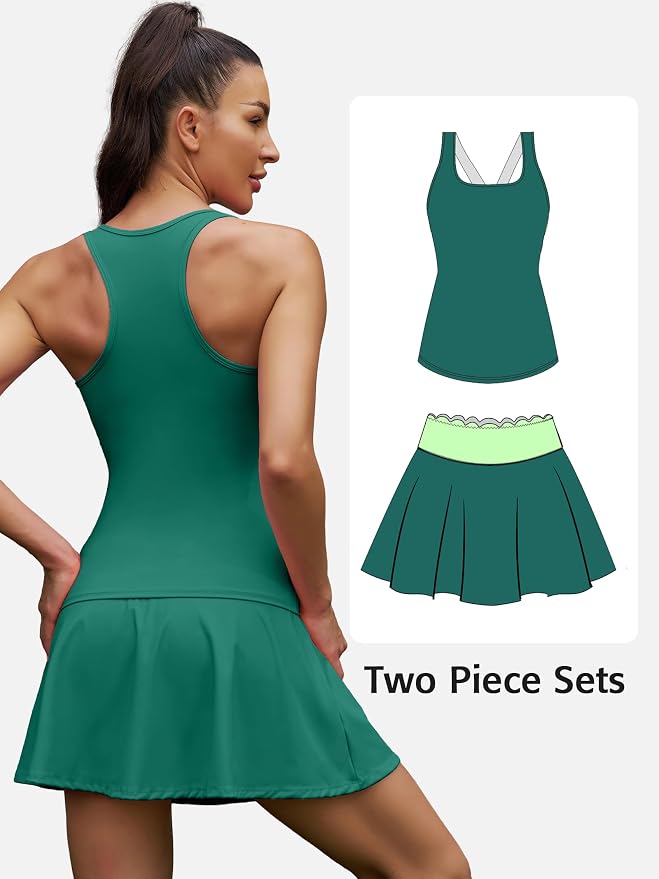 ATTRACO Tennis Outfits for Women Racerback Golf Dress Workout Dress | Athletic Skirt Set, Built-in Shorts, 2 Pockets, Scalloped, Racerback, High Waisted, Pickleball, Workout Set