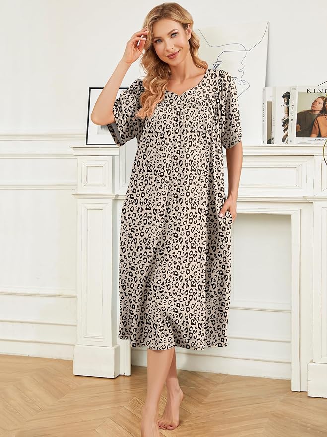 House Dresses for Women with Pockets Moo Moo Nightgown Short Sleeve Mumu Dress Lounge Dress S-3XL