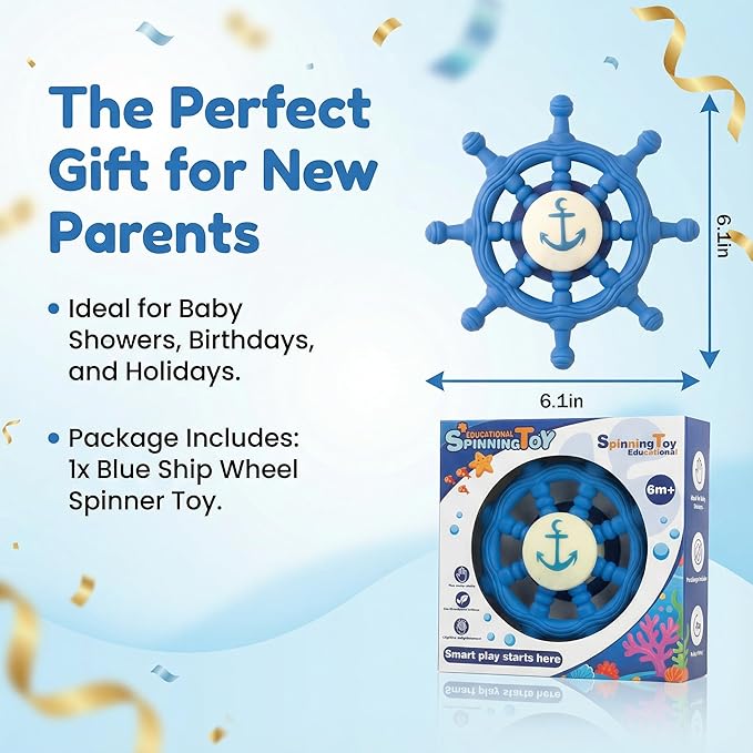 Suction Cup Spinning Toy - Navy Blue Ship Steering Wheel for Babies and Toddlers, Bathtub and High Chair Sensory Activity Toy, Car Window Travel Toys with Strong Grip