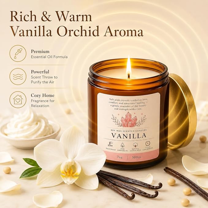 Vanilla Soy Candle 7oz Natural Soy Wax Scented Candle Jar Candle | Long Burning Aromatherapy Candle for Home Decor, Relaxing Gift for Women
