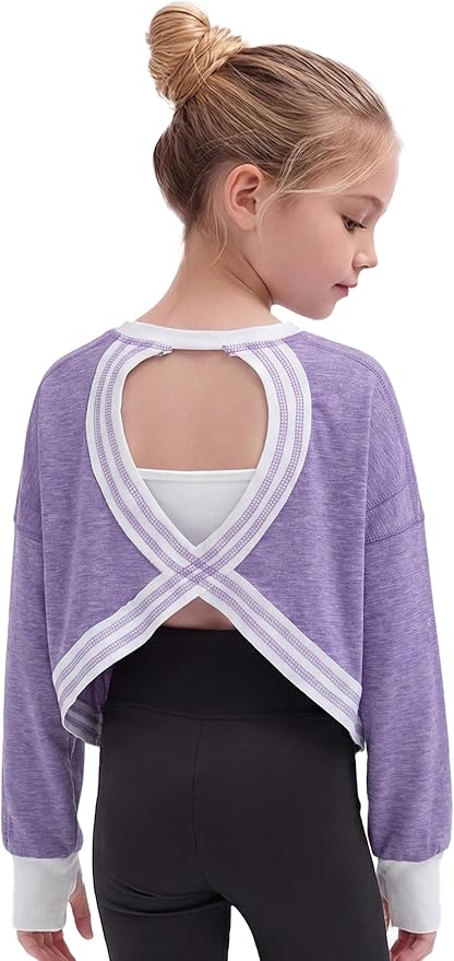 Gogokids Girls Shirts Long Sleeve Athletic Shirts Open Back Tops Active Sports Tshirts Yoga Workout Crop Tees 5-14 Years