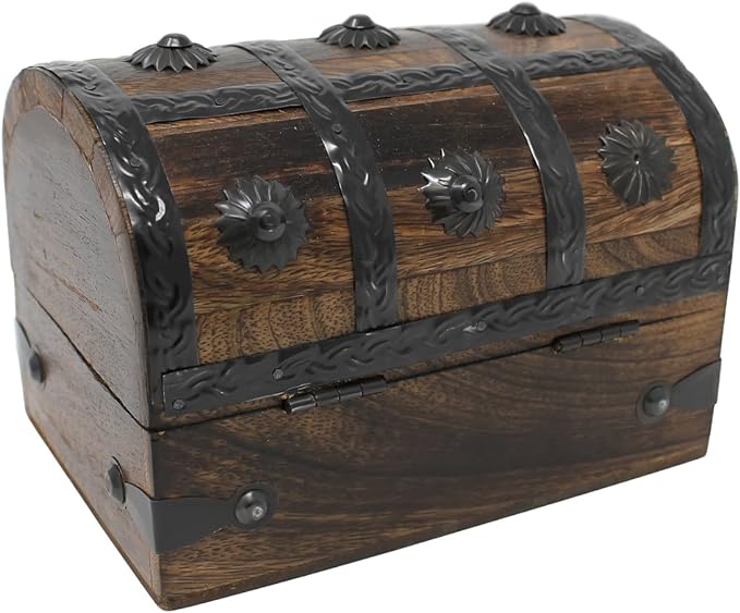 Treasure Chest Keepsake and Decorative Wood Box (Medium 6.5x4.5x4.5) - Storage Box, Wooden Box with Hinged Lid, Rustic Storage, Pirate Storage Box, Vintage Wooden Chest