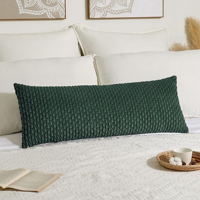 Kevin Textile Soft Corduroy 20"x54" Body Pillow Cover 1 Pack, Army Green | Boho Stripe Plush Corduroy Decorative Oblong Cushion Cover Modern Farmhouse Home Decor for Sofa Couch Bed Chair