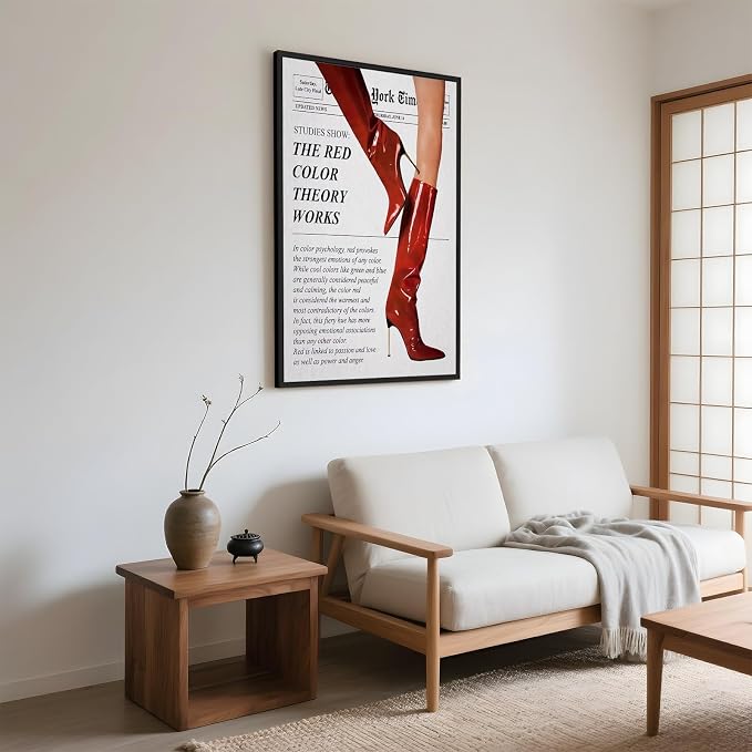 Vintage Color Theory Newspaper Poster Retro Fashion Red Boots Canvas Wall Art Funky Girl Room Decor Feminist Quote Print Wall Decor Aesthetic for Girly Bedroom Home Dorm 8x12inch Black Aluminum Frame