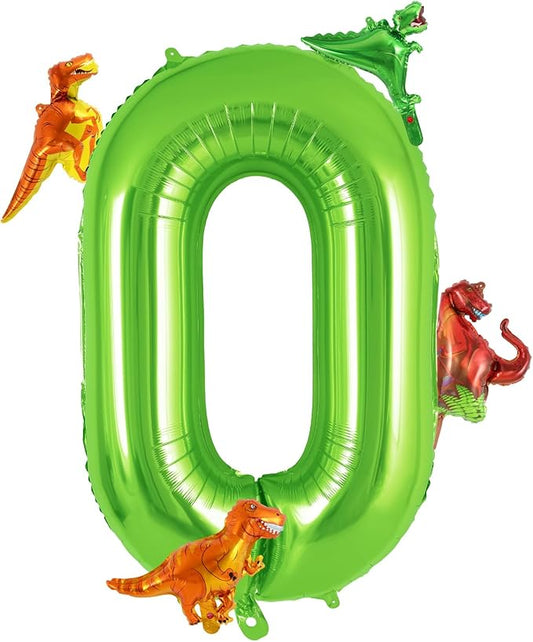 Dinosaur Green Number 0 Balloon, 40 Inch Big Large Foil Mylar Green Number Balloon with 4 Pcs Mini Dinosuar, Dinosuar Mylar Balloons Set Birthday Party Decorations Supplies