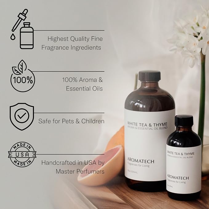 AromaTech White Tea & Thyme Premium Aroma Oil – Crisp & Delicate Home Fragrance with Notes of Tea Leaf, Fresh Thyme & Amber for Scent Diffusers, Cold-Air and UltraSonic Scent Machines – 60 mL
