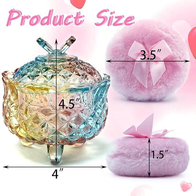 4" Glass Dusting Powder Container with 2 Fluffy Puffs,Cute 3.5" Soft Body Powder Puff and Jar Set(Butterfly-colorful)