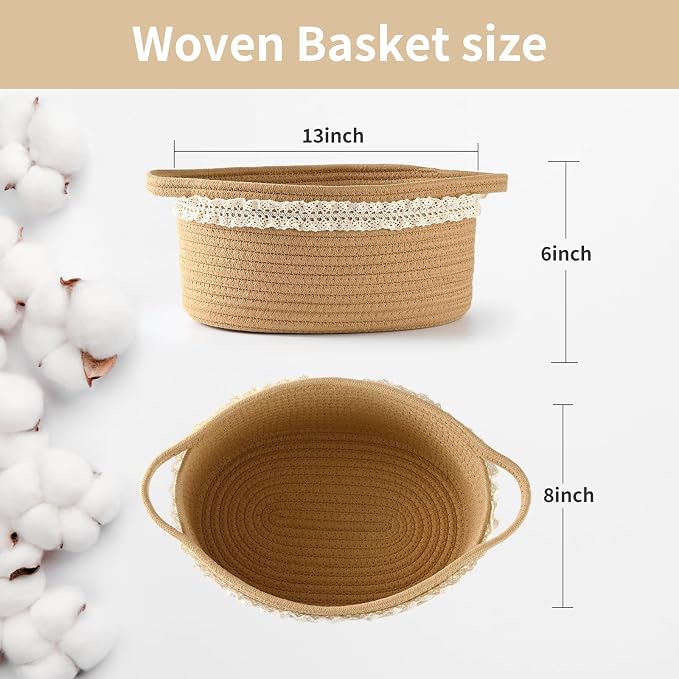 Happyiren Brown Woven Cotton Rope Storage Basket with Lace Trim | Collapsible Toy Organizer, 13" D x 8" W x 6" H, Decorative Basket for Nursery