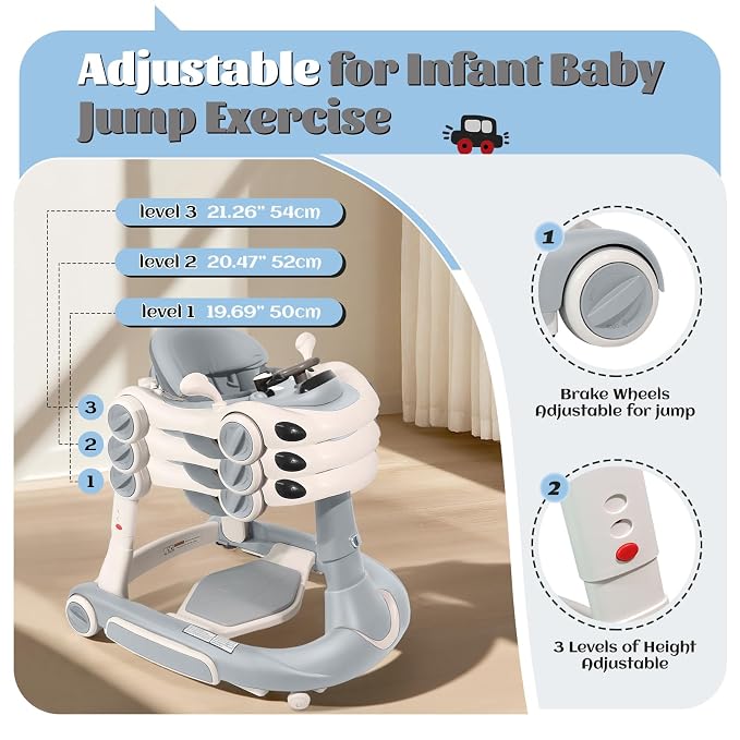 Baby Walker, 4-in-1 Baby Walker with Wheels Portable, Foldable Infant Toddler Walker for Boys Girls 6-18 Month,Removable Footrest,Car Steering Wheel & Music, Adjustable Push Walker Grey