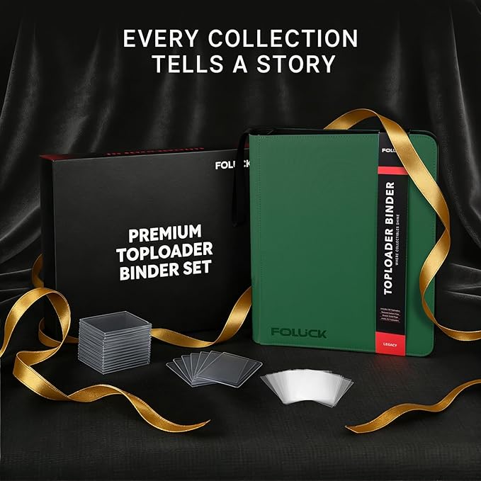 Foluck 9 Pocket Top Loader Binder, Holds 252 Toploaders, 200Pcs Top Loaders & Card Sleeves Included, Side-Loading Trading Card Binder, Premium Collection Album for Pokemon, MTG, Sports Cards (Green)