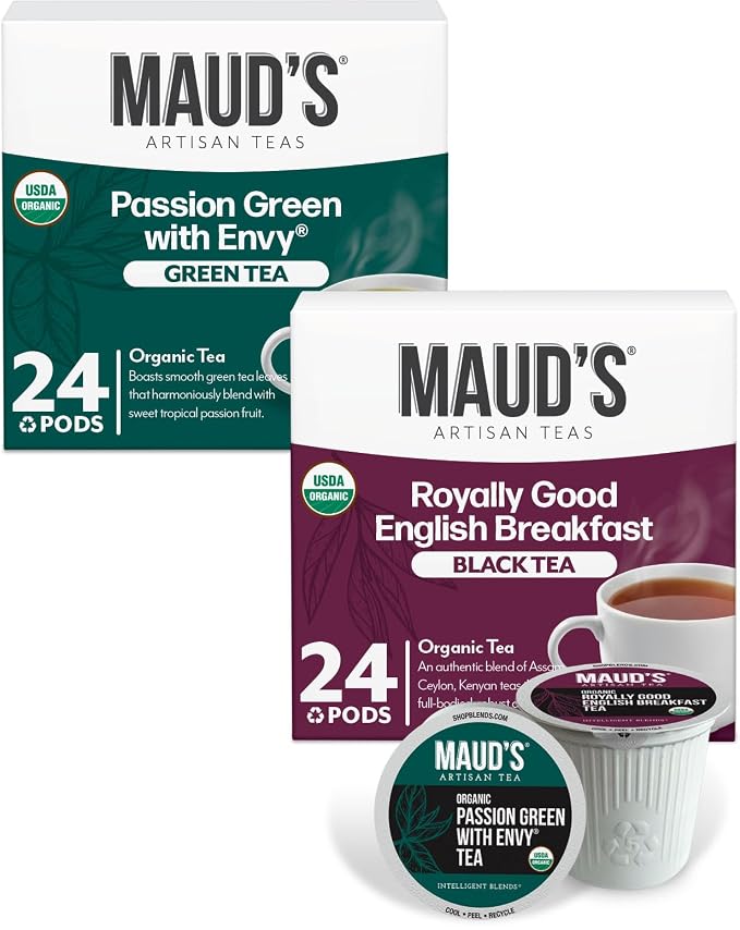 Maud's Organic Passion Green Tea & Organic English Breakfast Black Tea Bundle, 48 ct, Single Serve Pods – 100% Gourmet Blended Tea Leaves, Compatible with Keurig K Cups Maker