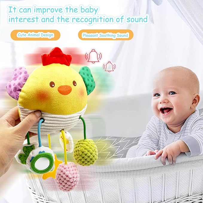 Baby Hanging Toys, Plush Animal Stuffed Sensory Toys for Carseat Stroller Car Seat Crib Play Gym, Baby Toys for 0 3 6 9 12 Months, Baby Boys and Girls Gift (Chick)
