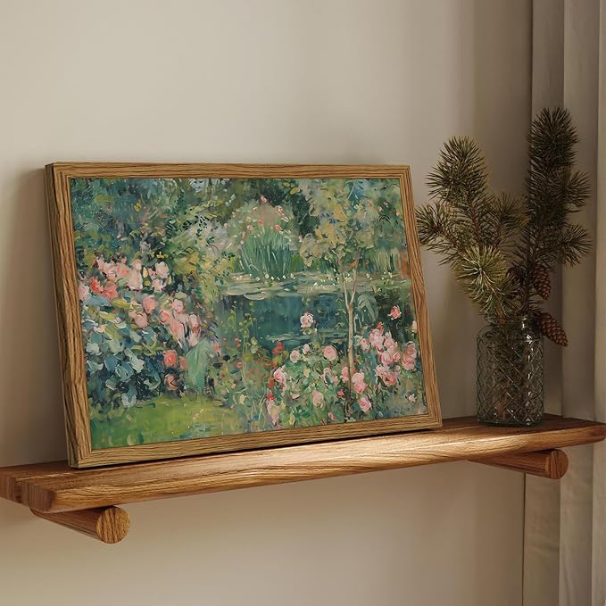 Framed Vintage Floral Landscape Canvas Wall Art, Rose Garden Pond Wall Decor Paintings, Rustic Cottagecore Nature Plant Pictures Prints Aesthetic Home Decor for Living Room Bedroom Bathroom 8x10 inch