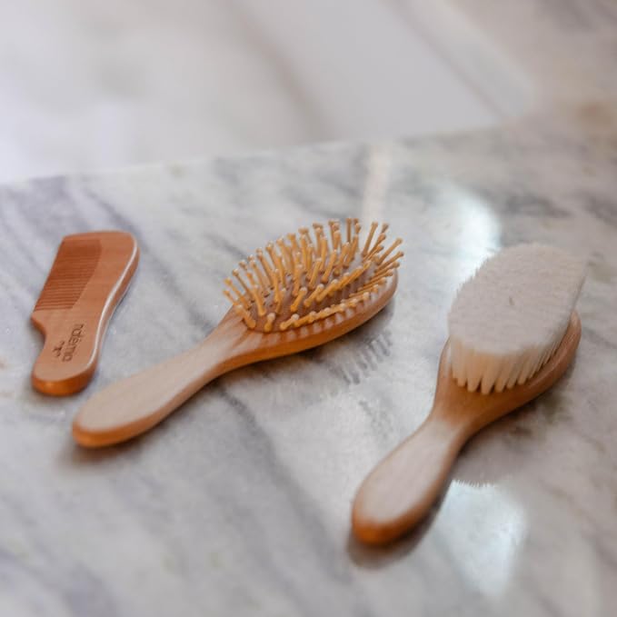Natemia Wooden Baby Hair Brush & Comb Set - Natural Goat Hair Bristles & Soft Bristle Brush - Gentle Scalp Massage & Cradle Cap Comb - For Newborns & Toddlers, Baby Grooming Kit