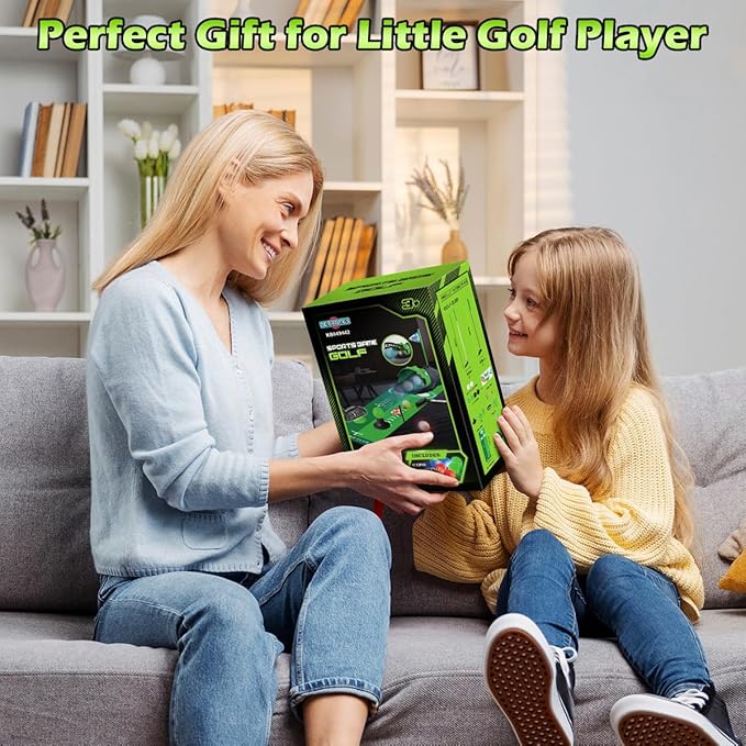 Upgraded Kids Toy Golf Set with Dinosaur Automatic Golf Returner, Led Light Up Night Golf Balls, 3 Clubs, Putting Mat, 3-8 Toddler Mini Golf Games, Indoor Outdoor Sports Toys for Boys Girls
