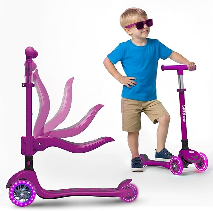 SKIDEE Kick Scooter for Kids Foldable 3 Wheel Scooter with Lean-to-Steer, Adjustable Height, Removable Seat & LED Light Wheels | Toddler Scooter Up to 12 Year Old Boys/Girls