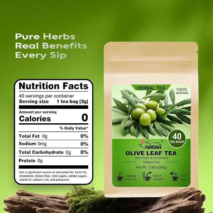 FullChea - Olive Leaf Tea Bags, 40 Count, Dried Olive Leaves | Premium olive leaf herbal tea, non-GMO, caffeine-free, rich in antioxidants for daily wellness