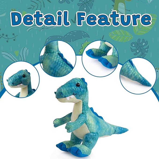 HollyHOME Plush T-Rex Dinosaur Toy with Soft Realistic Textured Scales Cute Dino Gift for Kids Blue and White 10"