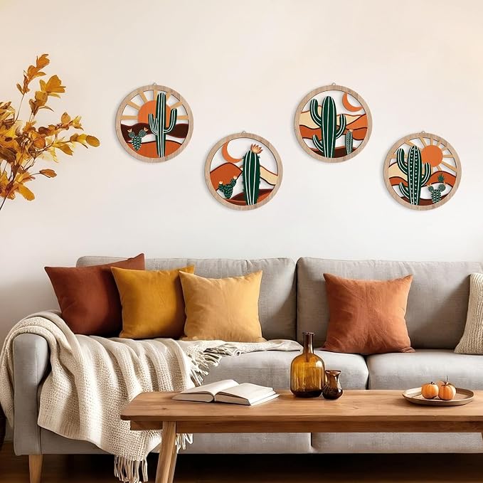 HPNIUB Boho Cactus Wall Decor, Rustic Desert Tropical Botanical Hanging Wood Sign for Living Room, Round Southwest Plant Wooden Plaque, Sun and Moon Wall Art for Apartment Office(10''x10'')