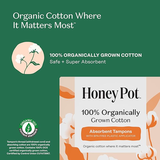 The Honey Pot Company - 100% Organic Cotton Tampons - Super Absorbency | Tampons w/BPA Free Plastic Applicator - Unscented - Without Fragrances or Chlorine - Feminine Care - 18ct