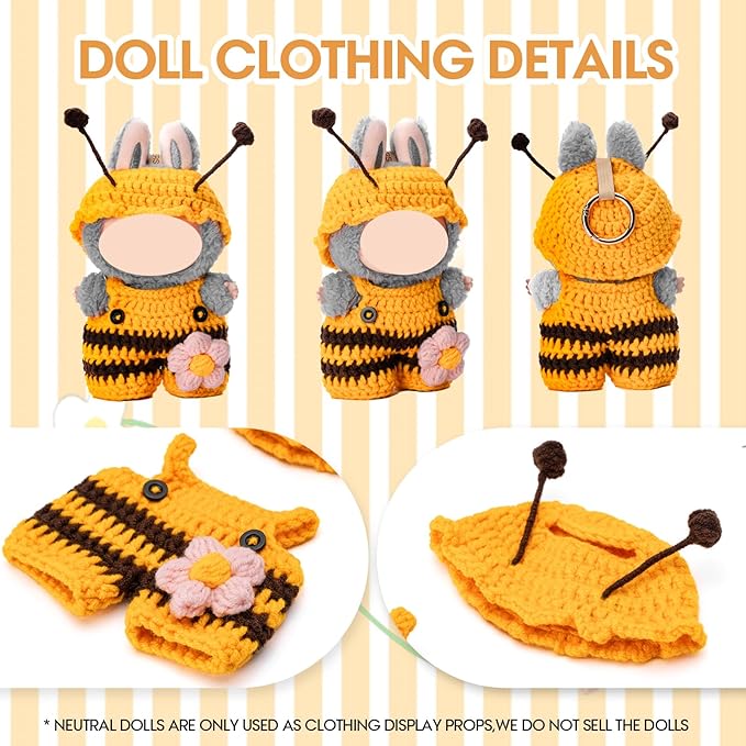 Hand-Crocheted Clothes for Labubu Clothes/for Labubu Outfits, 2-Piece Clothes Set for 17cm Lububu Doll, Doll Clothes Designer Accessories for La Bubu, Sweaters & Hat.(Bee Theme)