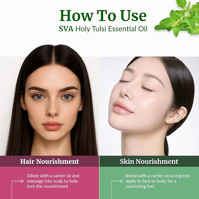 SVA Holy Tulsi Essential Oil 1/3 Fl Oz – for Diffuser, Skin & Hair Care – Ideal for Massage & DIY Blends