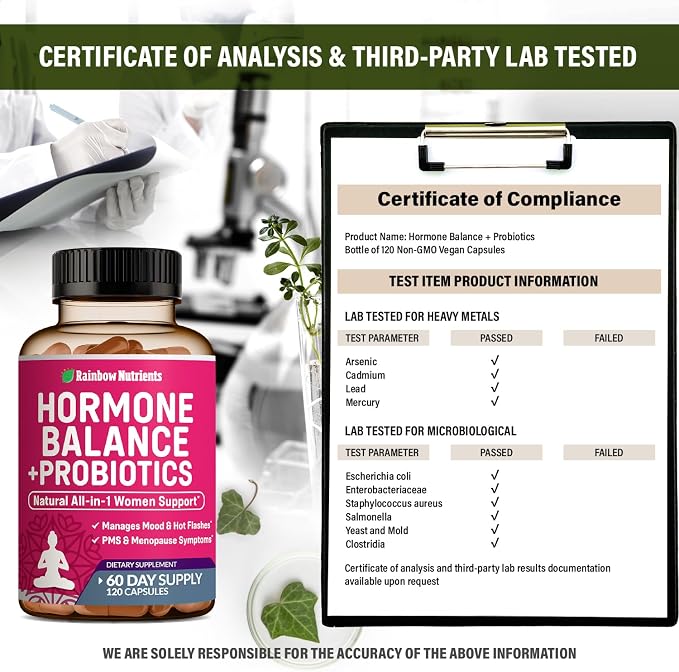 Hormone Balance + Probiotics for Women- Natural Menopause Relief, Weight Management, Bloating, Hot Flashes, PMS | Organic Maca, Chasteberry, Dong Quai & Black Cohosh | Non GMO |120 V Capsules | All Natural, NON GMO, Made in USA