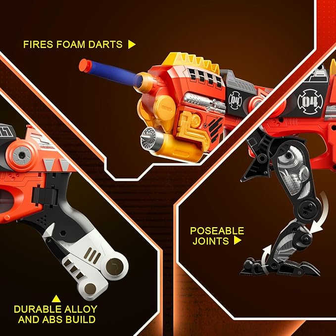 Blaster Toy Gun Transforming Alloy Dinosaur - 2 in 1 Morphing Toy (Gun to Dino), Soft Bullet Toy Blaster Gun with 20 Foam for Indoor Outdoor Shooting Game, Toy Blaster for Kids Boys Girls (V-Dino)